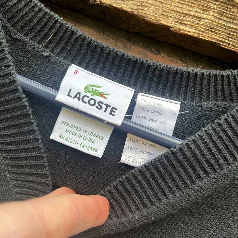 Lacoste Black V-Neck Sweater Classic Knit Design - Picture 3 of 4